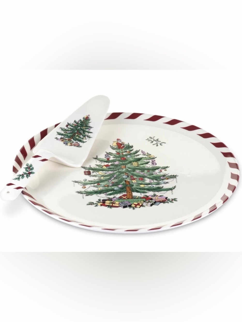 Spode Christmas Tree Peppermint Cake Plate and Server Set, Like New